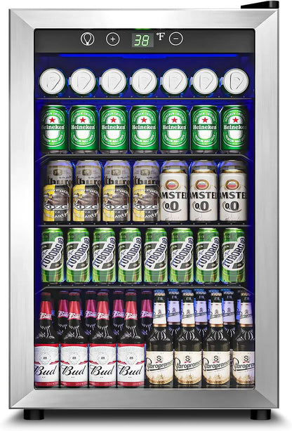 Beverage Refrigerator Cooler- 126 Can Mini Fridge Glass Door For Drinks Soda Beer Wine- Small Refrigerator For Office Bedroom Home Bar