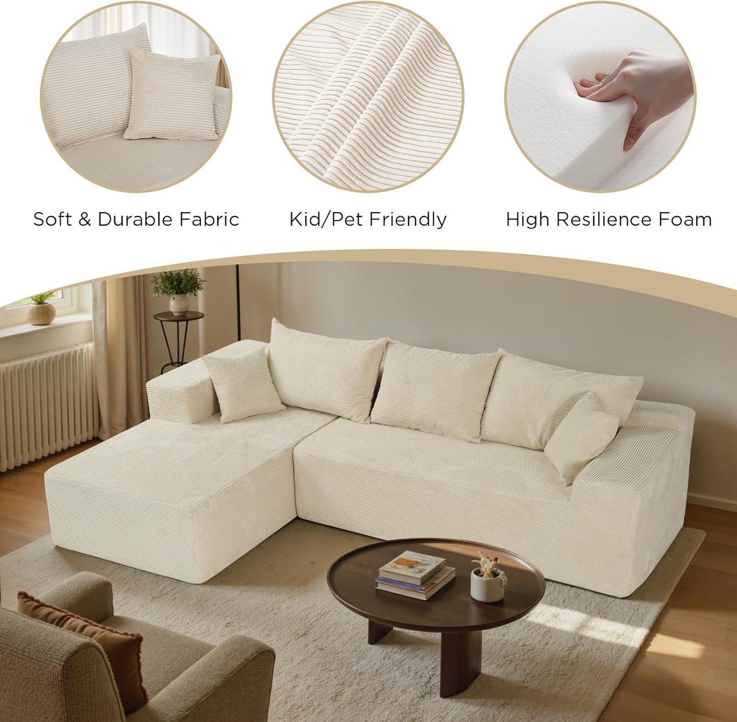 Cloud Sectional Couch With L-Shape Chaise, Modern Modular Sofa With Deep Seat, Upholstered Couches For Living Room Bedroom, No Assembly Required