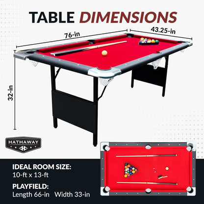 6 Ft. Portable Pool Table, Adults Folding Billiards Tables For Game Room With Easy Foldable Storage, Includes Full Set Of Billiard Balls, Cues