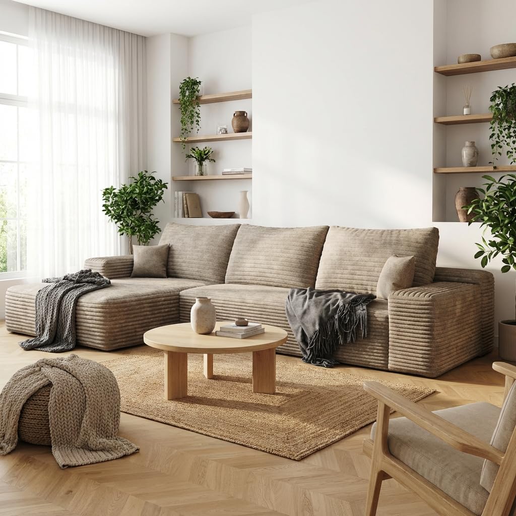 135 In. Oversized Compressed Sectional Sofa- 33D High-Density Foam Cloud Couch With Deep Seat- Minimalist 3-Piece Corduroy Upholstered Boneless