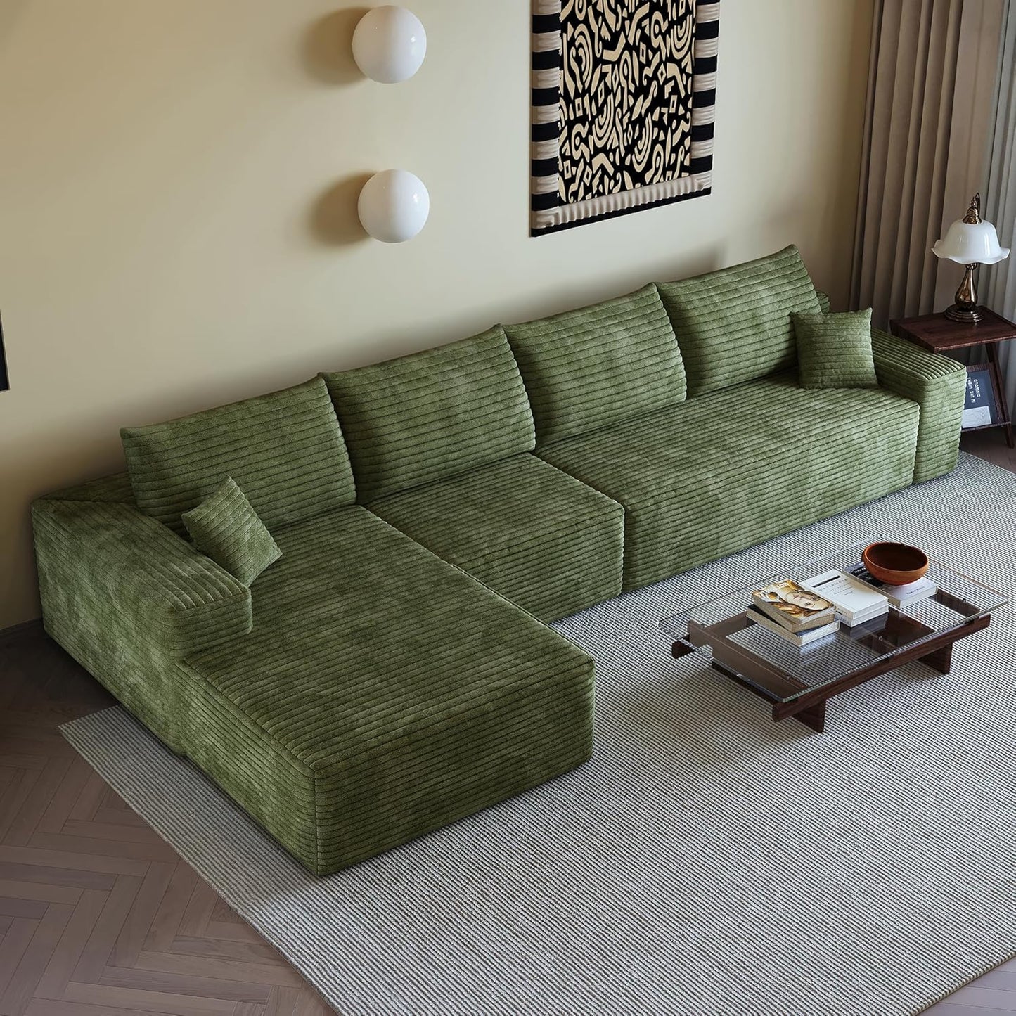 135 In. Oversized Compressed Sectional Sofa- 33D High-Density Foam Cloud Couch With Deep Seat- Minimalist 3-Piece Corduroy Upholstered Boneless