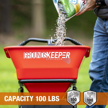 Walk Behind Push Spreader, 100lb Capacity, For Salt, Ice And Snow Melt, Included Grate And Cover With Enclosed Gearbox For Protection