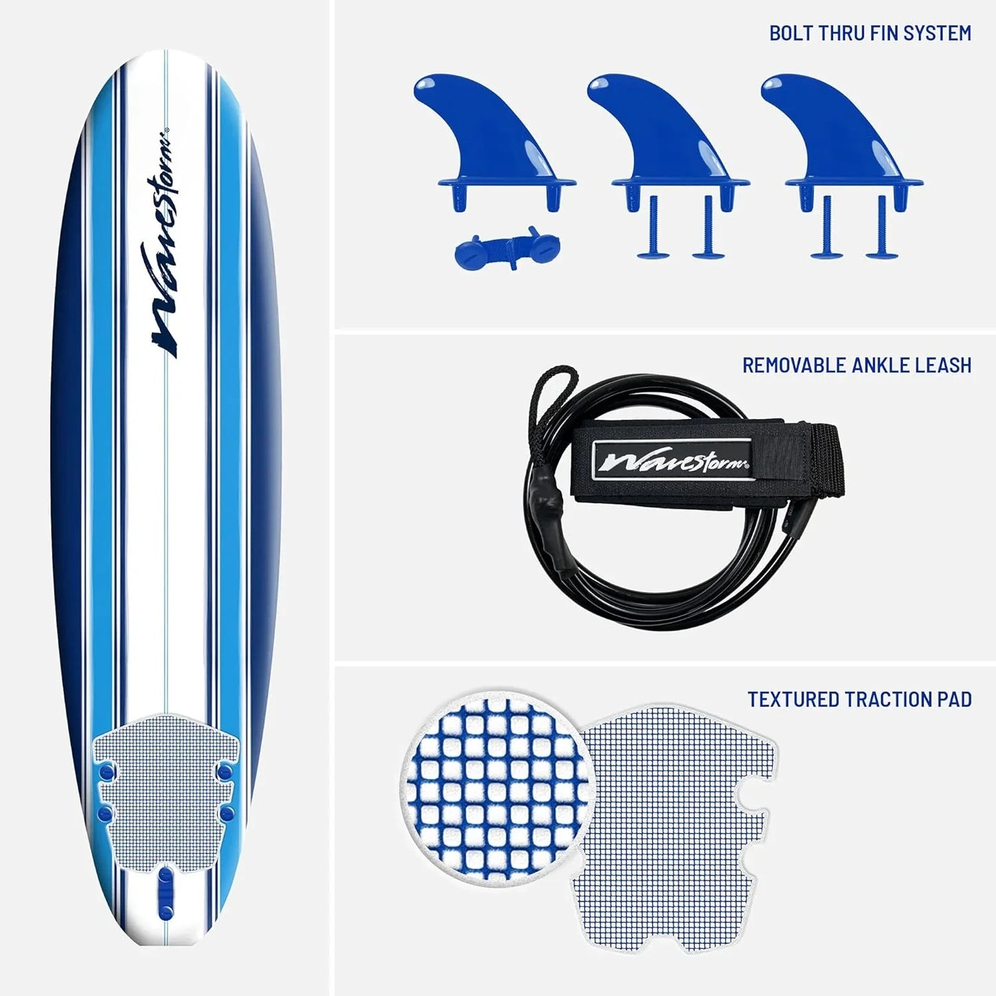 Wavestorm- Classic Soft Top Foam 7 Ft. Surfboard Surfboard For Beginners And All Surfing Levels Complete Set Includes Leash And Multiple Fins