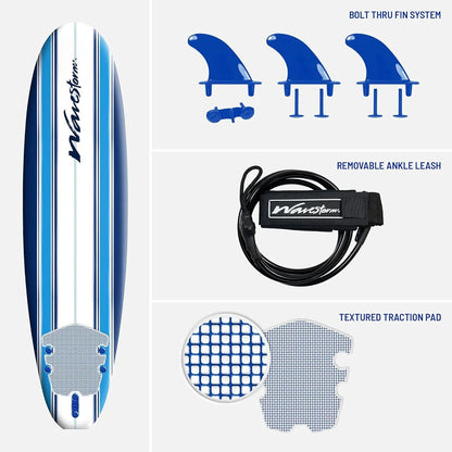 Wavestorm- Classic Soft Top Foam 7 Ft. Surfboard Surfboard For Beginners And All Surfing Levels Complete Set Includes Leash And Multiple Fins