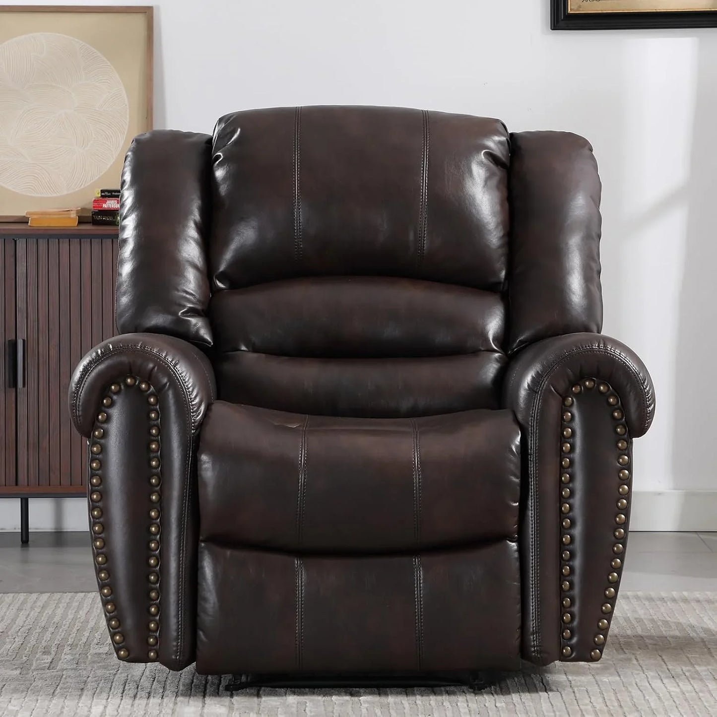 Canmov Leather Recliner Chair, Classic And Traditional Manual Recliner Chair With Comfortable Arms And Back Single Sofa For Living Room, Nut Brown