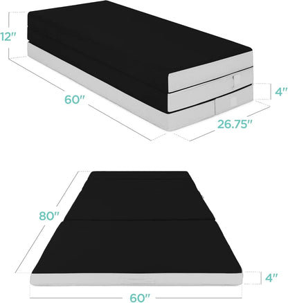 Best Choice Products 4 In. Portable Queen-Size Mattress, Tri-Fold Mattress For Camping, Guest, Toddler, Foam Plush w/Carry Case- Grey