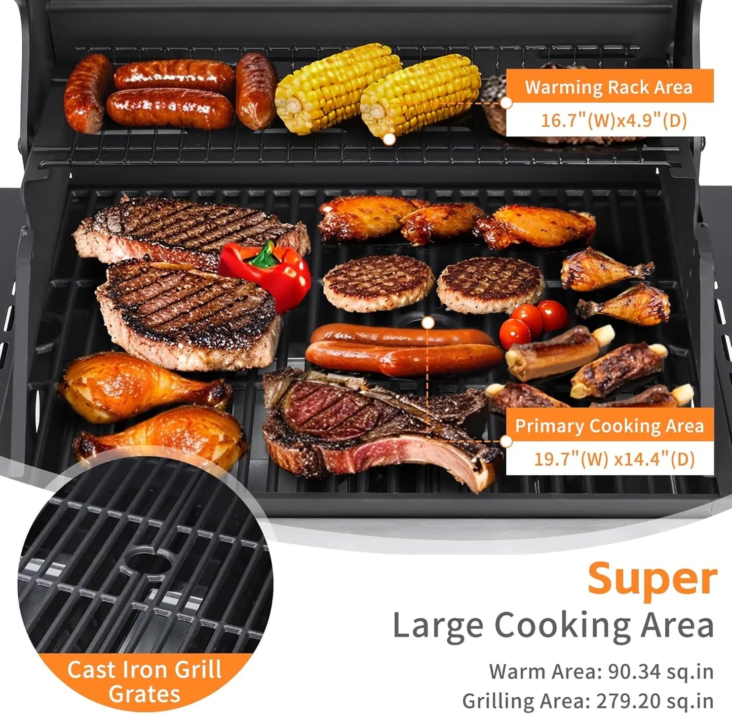 3-Burner Propane Gas Grill With 30,000 BTU Output- Double-Layer Stainless Steel Grill Lid, Cast Iron Cooking Grids