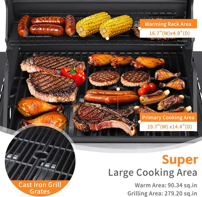 3-Burner Propane Gas Grill With 30,000 BTU Output- Double-Layer Stainless Steel Grill Lid, Cast Iron Cooking Grids