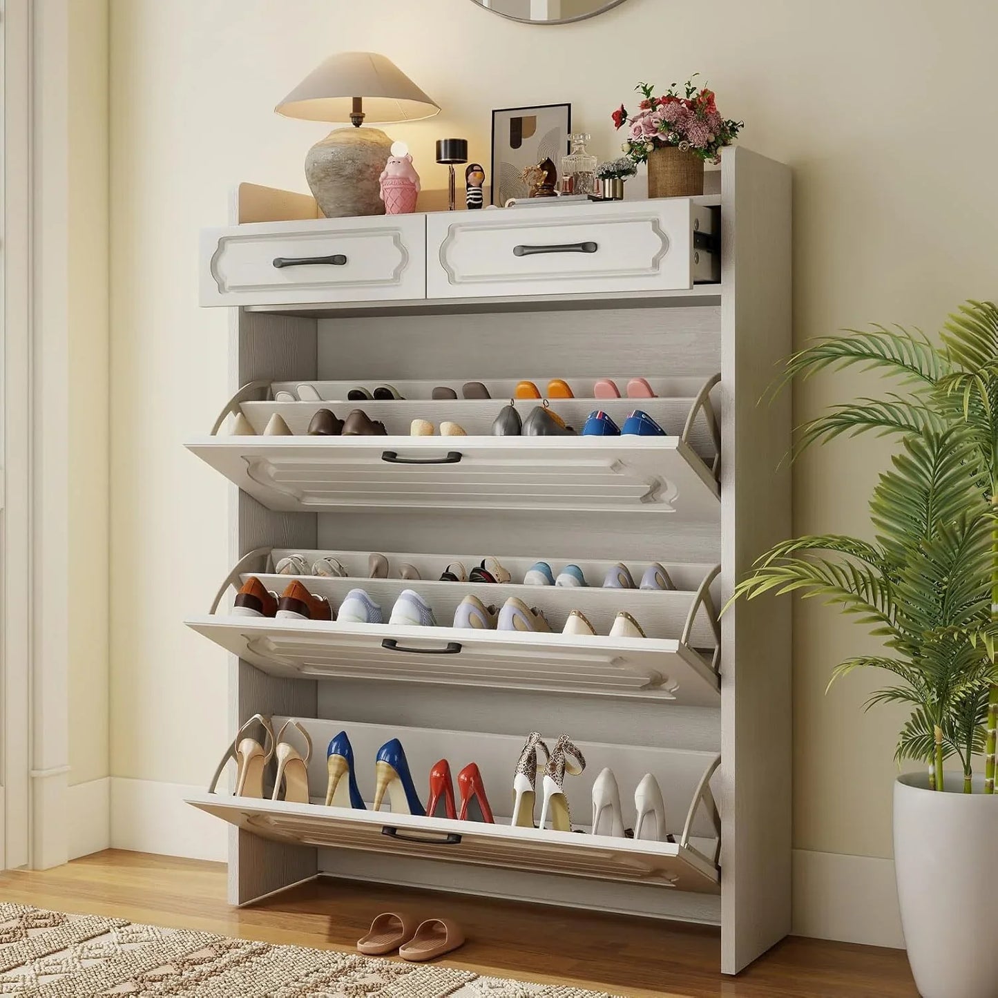 Shoe Cabinet With 3 Large Flip Drawers And 2 Storage Drawers, Narrow Shoe Organizer Cabinet Fits