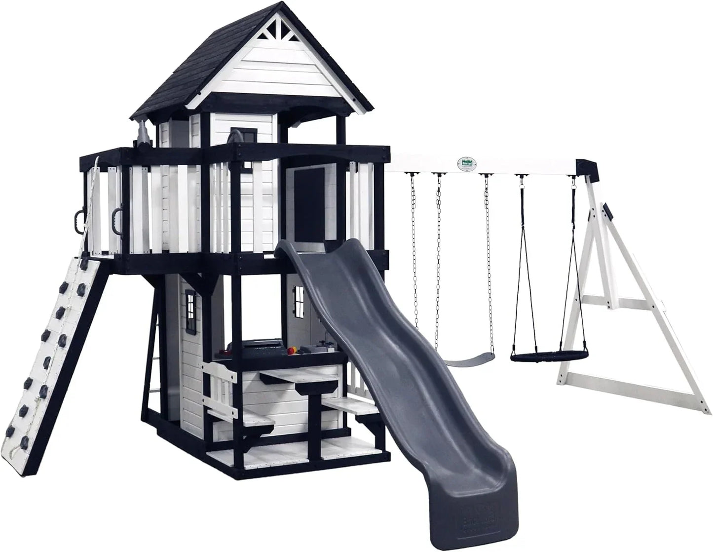 Backyard Discovery Canyon Creek Cedar Wood Swing Set With Wave Slide, Clubhouse, Play Kitchen, Picnic Area, Belt Swings, Web Swing, Rock Wall
