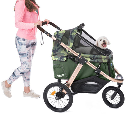 Jogging Sports Stroller With Comfort Rubber Wheels/Zipper-Less Entry/1-Hand Quick Fold/Aluminum Frame For Small/Medium Dogs Cats And Pets, Green Camo