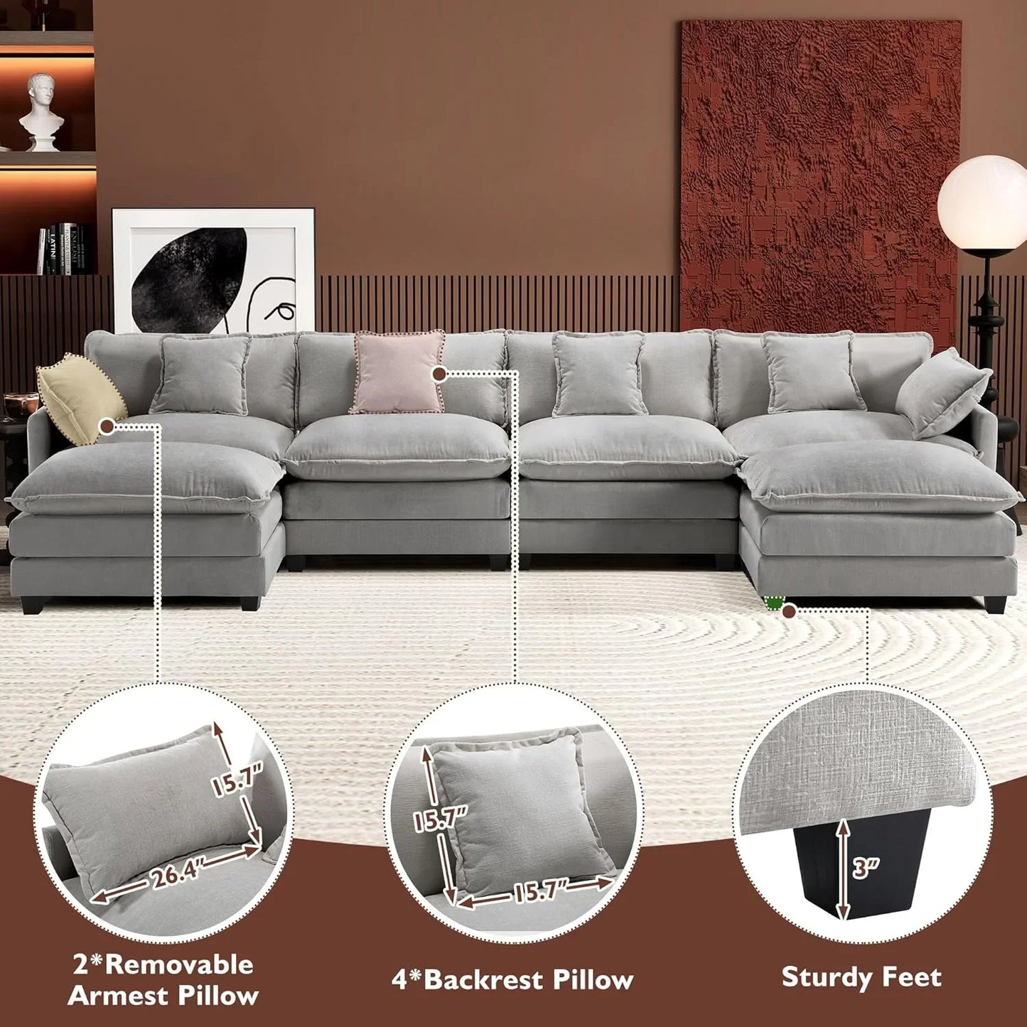 Ihanherry 146 In. U-Shaped Modern Sofa Modular Sectional Cloud Couch With 2 Ottoman