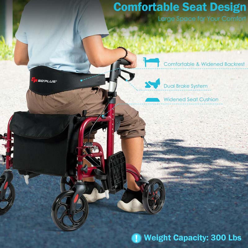 2-in-1 Rollator Walker Wheelchair Folding Medical Walker Aluminum Transport Chair Mobility Walking Aid- Comfortable And Ergonomic Design