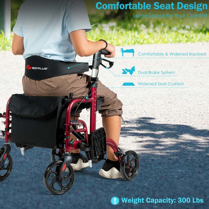 2-in-1 Rollator Walker Wheelchair Folding Medical Walker Aluminum Transport Chair Mobility Walking Aid- Comfortable And Ergonomic Design