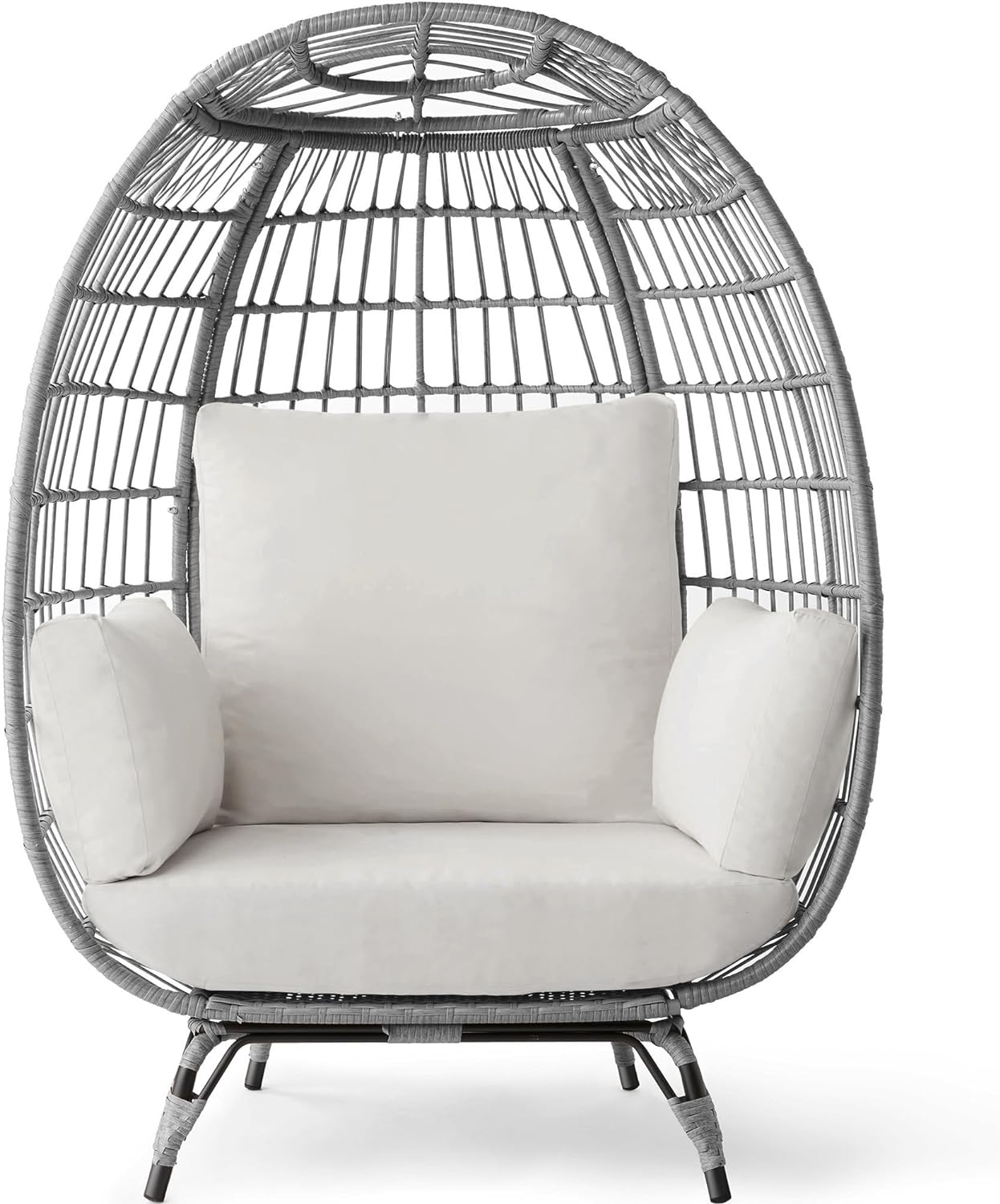 Best Choice Products Wicker Egg Chair Oversized Indoor Outdoor Lounger For Patio Backyard Living Room W/4 Cushions Steel Frame 440lb Capacity- Ivory