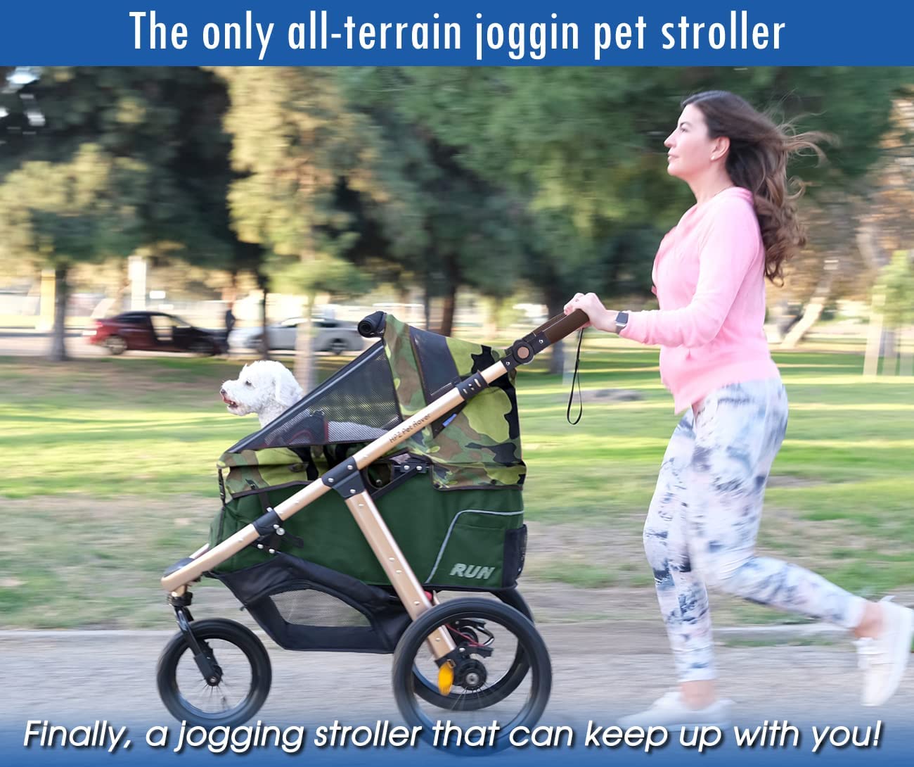 Jogging Sports Stroller With Comfort Rubber Wheels/Zipper-Less Entry/1-Hand Quick Fold/Aluminum Frame For Small/Medium Dogs Cats And Pets, Green Camo