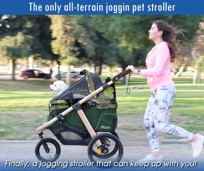 Jogging Sports Stroller With Comfort Rubber Wheels/Zipper-Less Entry/1-Hand Quick Fold/Aluminum Frame For Small/Medium Dogs Cats And Pets, Green Camo