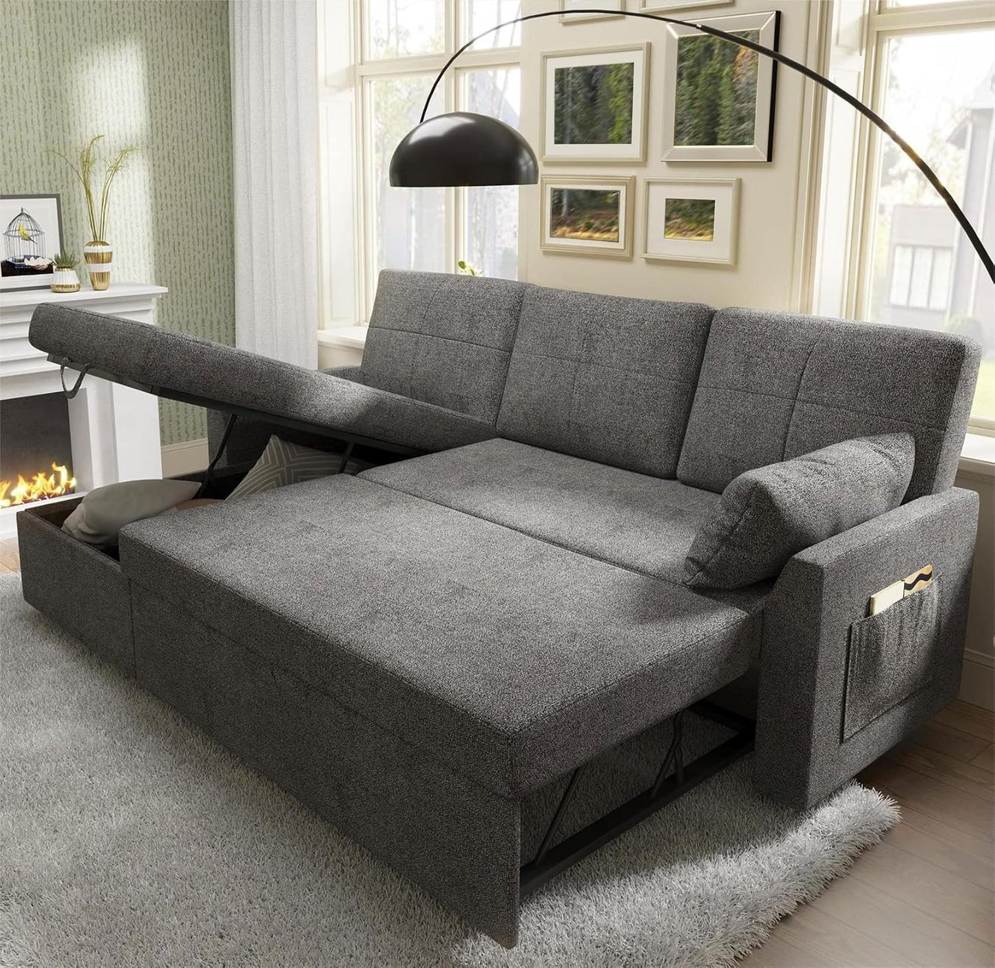 VanAcc Sofa Bed, Sleeper Sofa With Storage Chaise 2-in-1 Pull Out Couch Living Room
