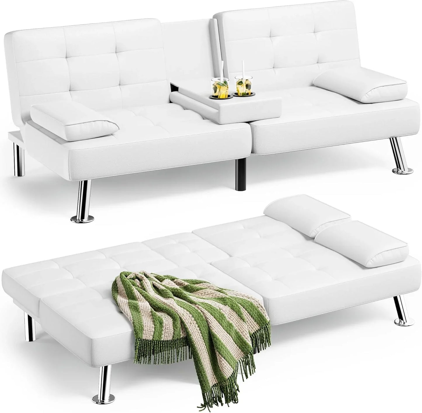Homall Futon Sofa Bed, Leather Futon Couch With Removable Armrests, Adjustable Recliner Sleeper Sofa Bed With Dual Cup Holders For Living Room