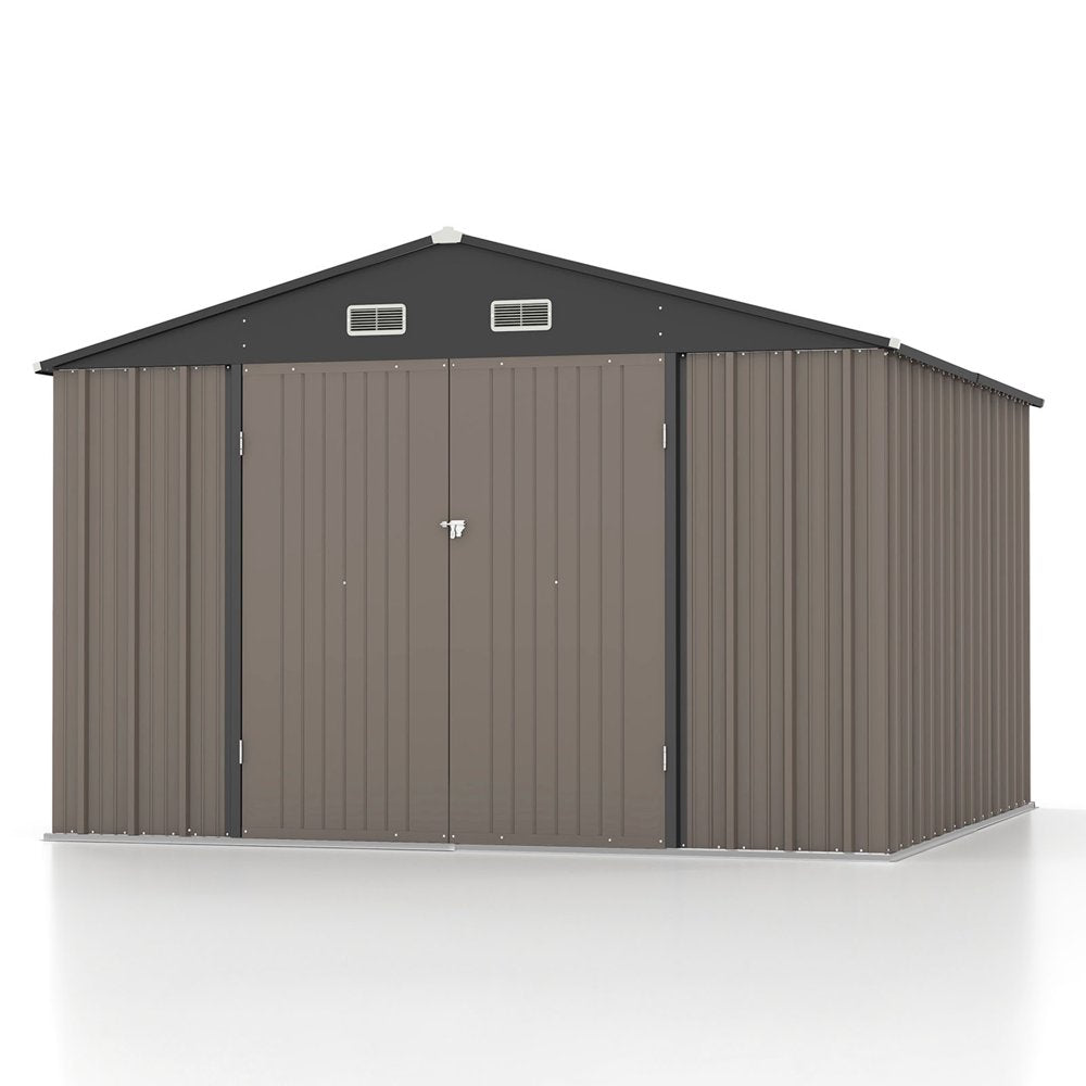 Patiowell 10 x 10 Ft. Metal Storage Shed, Sloping Roof, Double Lockable Doors, Galvanized Steel, Coffee Brown