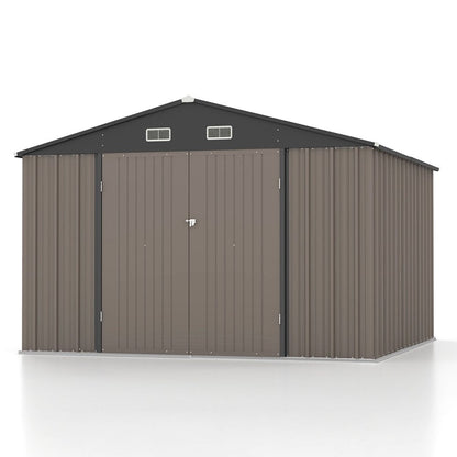 Patiowell 10 x 10 Ft. Metal Storage Shed, Sloping Roof, Double Lockable Doors, Galvanized Steel, Coffee Brown