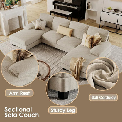 Furmax Sectional Couches For Living Room, U-Shaped Sofa Couch With Linen Fabric, 4 Seat Sofa Set With Double Chaise For Apartment, Fabric, Grey