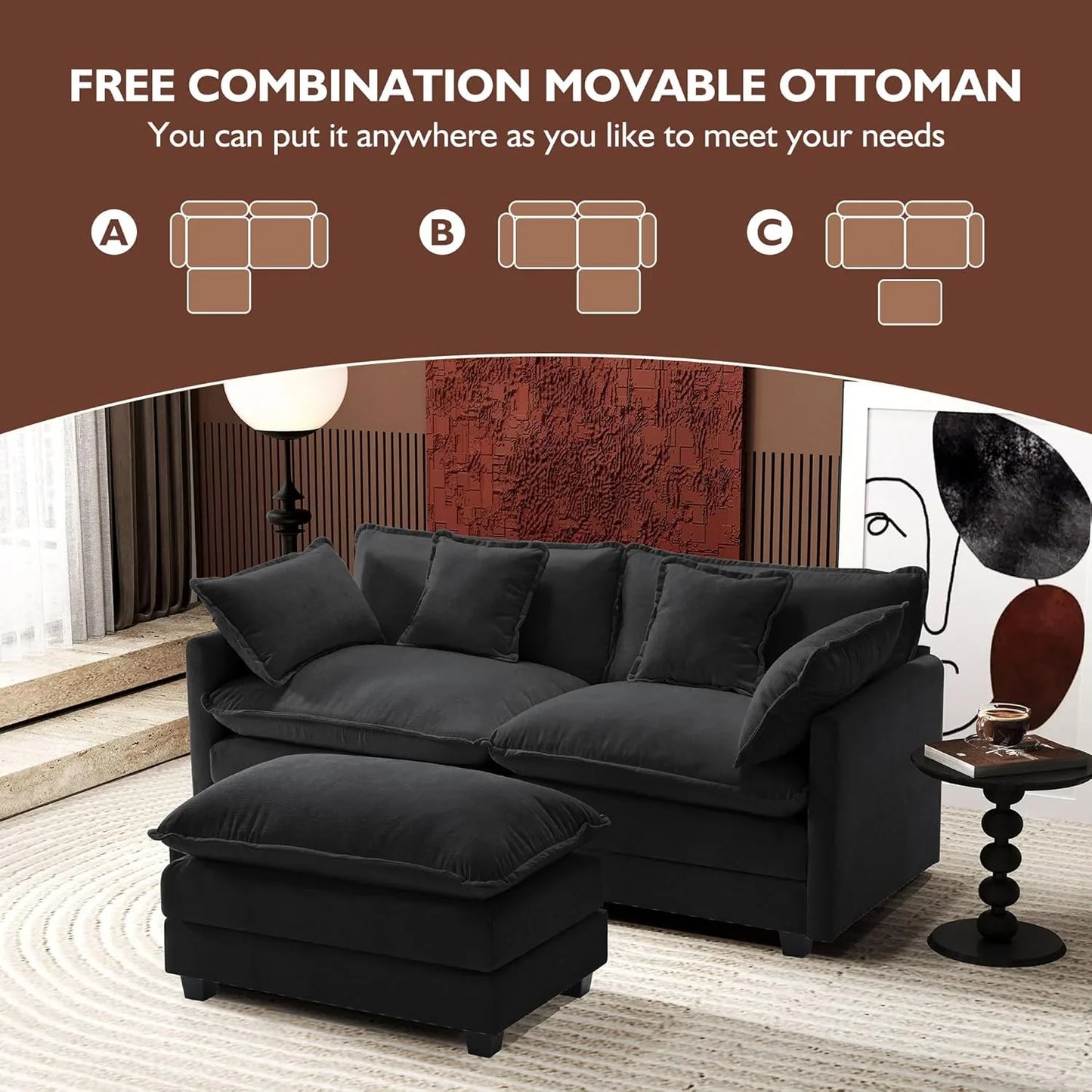 111.4 In. L-Shaped Modern Sofa Modular Cloud Sofa Ottoman 4-Seater Chenille Deep Seat Sofa