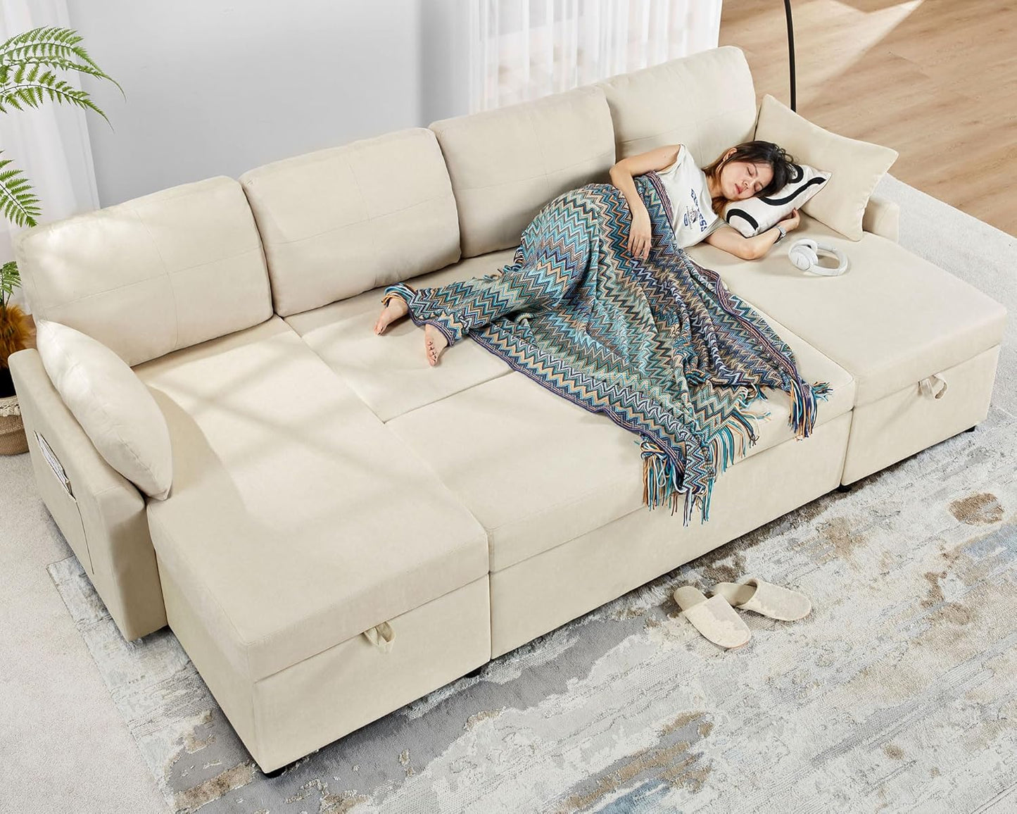 VanAcc Sofa Bed, Sleeper Sofa With Storage Chaise 2-in-1 Pull Out Couch Living Room