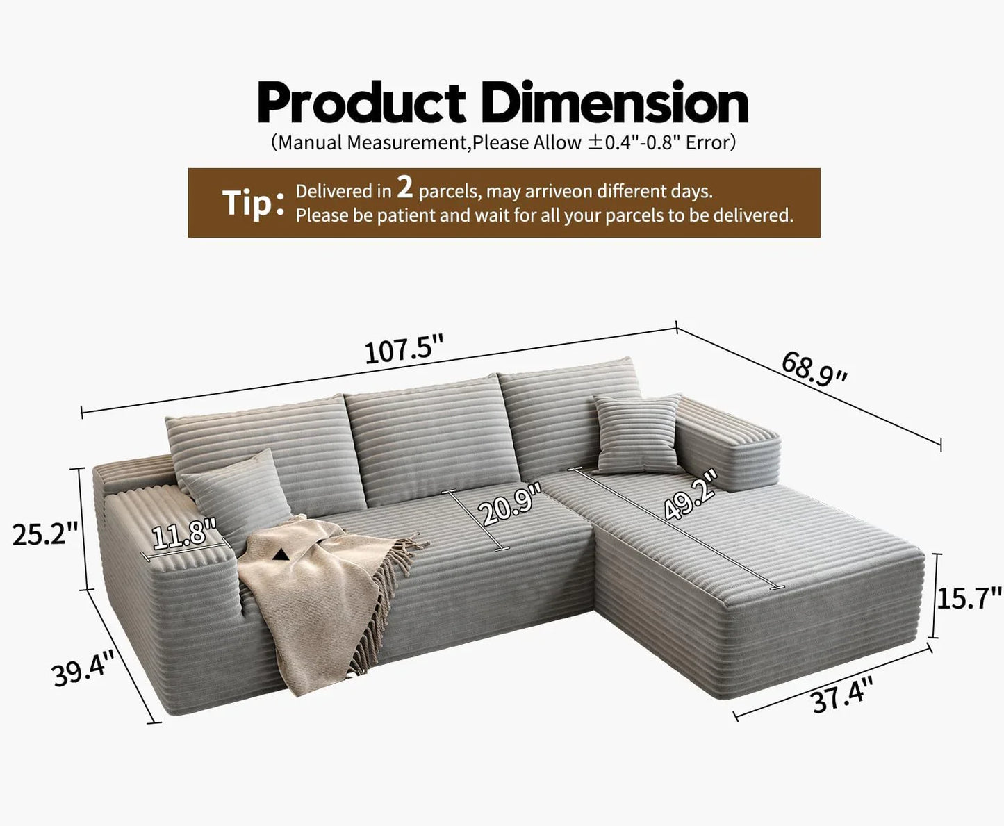 107.5 In. Cloud Modular Sectional Sofa Couch With L-Shape Chaise, Modern Minimalist Upholstered Couches For Living Room Bedroom