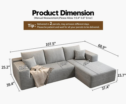 107.5 In. Cloud Modular Sectional Sofa Couch With L-Shape Chaise, Modern Minimalist Upholstered Couches For Living Room Bedroom
