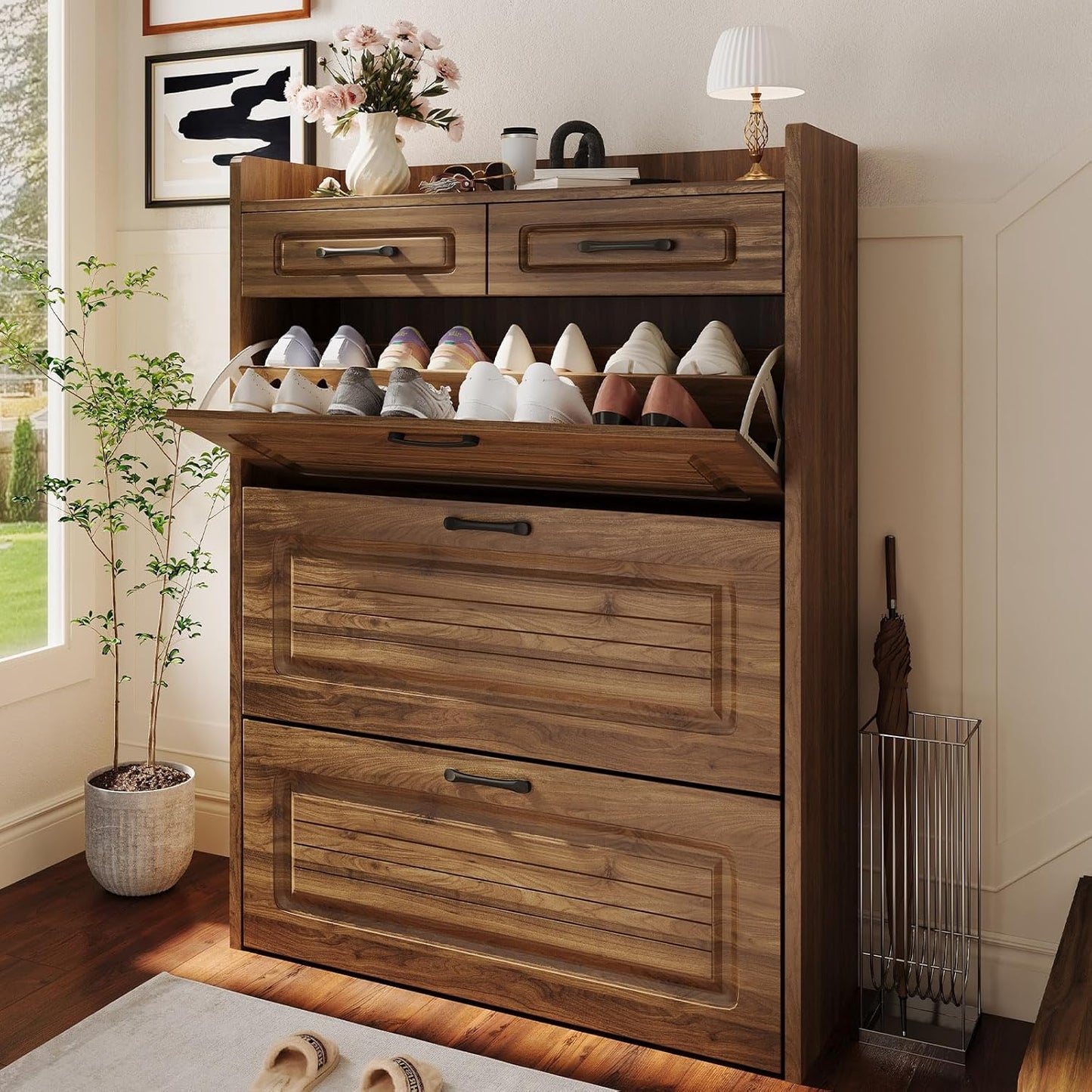 Shoe Cabinet With 3 Large Flip Drawers And 2 Storage Drawers, Narrow Shoe Organizer Cabinet Fits