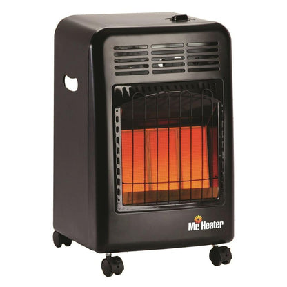 Portable Propane Radiant Heater By Brand Name, 18,000 BTU, Outdoor Use, Includes Regulator And Hose, Safety Features, Mobile Cabinet Design