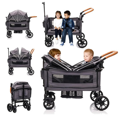 Wagon Stroller For 2 Kids And Cargo-Travel Stroller Push-Pull Double Wagon Lightweight Folding Stroller For Newborn And Toddler With 5-Point