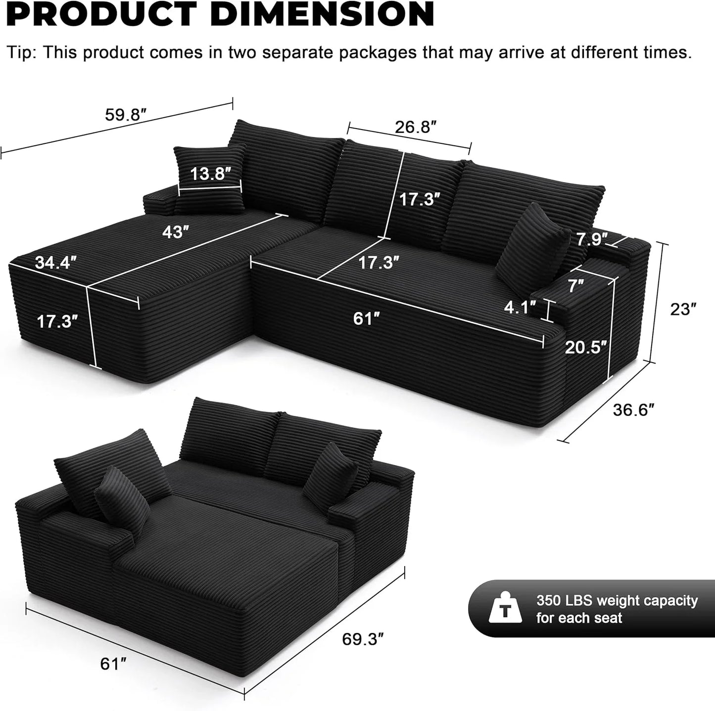 110 Cloud Sectional Couch, Boneless Sofa For Living Room Modular Sectional Sofa With Deep Seat
