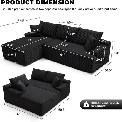 110 Cloud Sectional Couch, Boneless Sofa For Living Room Modular Sectional Sofa With Deep Seat
