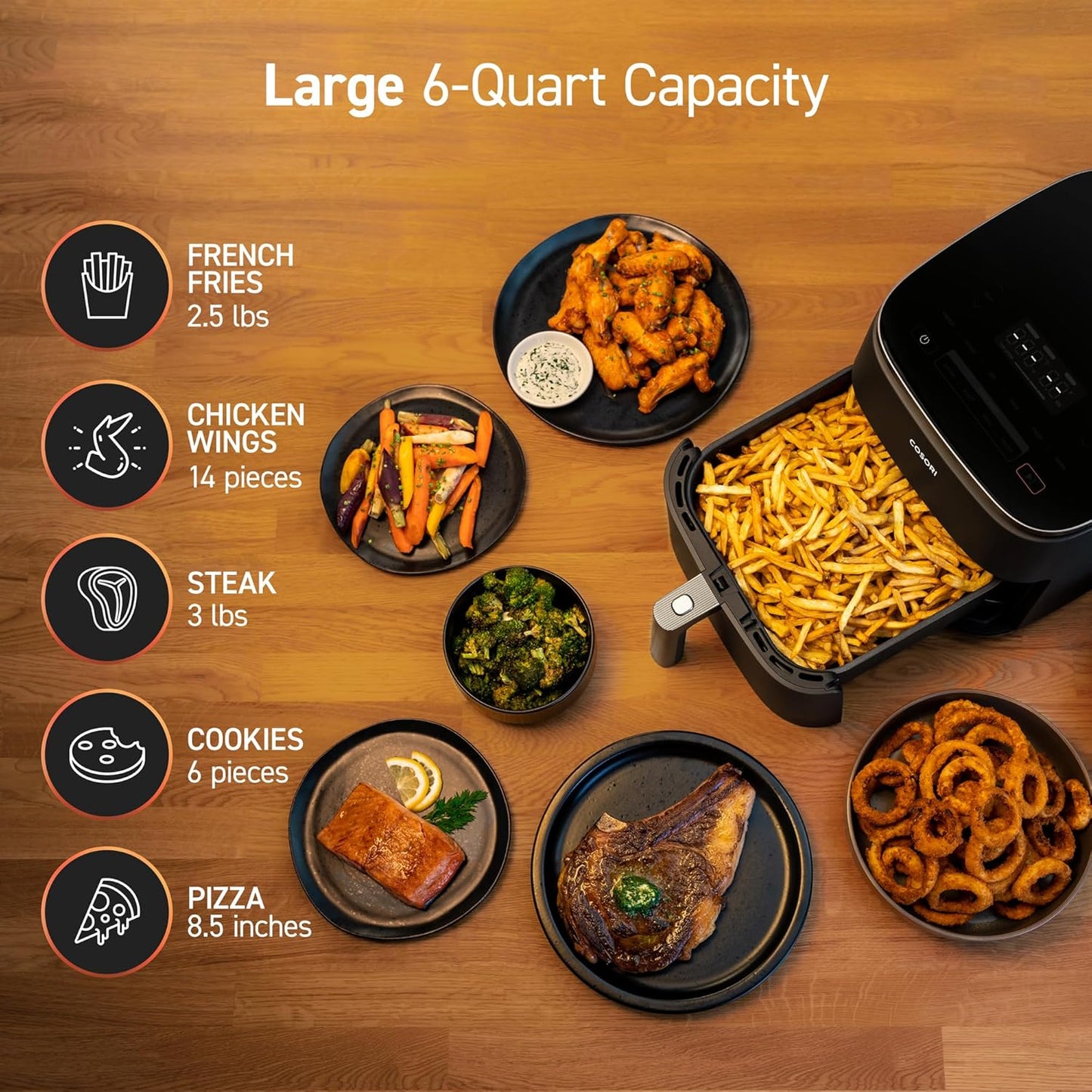 Cosori Air Fryer 9-in-1 Compact And Large 6-Qt. Fast Turbo Modes Precise Heat For Even Results
