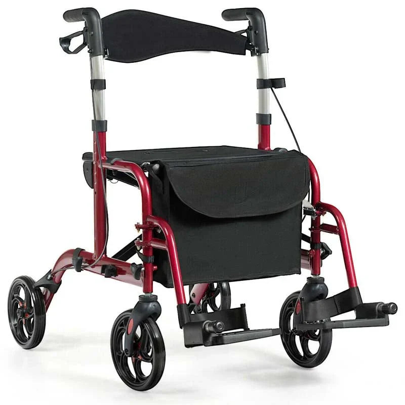 2-in-1 Rollator Walker Wheelchair Folding Medical Walker Aluminum Transport Chair Mobility Walking Aid- Comfortable And Ergonomic Design