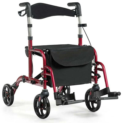 2-in-1 Rollator Walker Wheelchair Folding Medical Walker Aluminum Transport Chair Mobility Walking Aid- Comfortable And Ergonomic Design