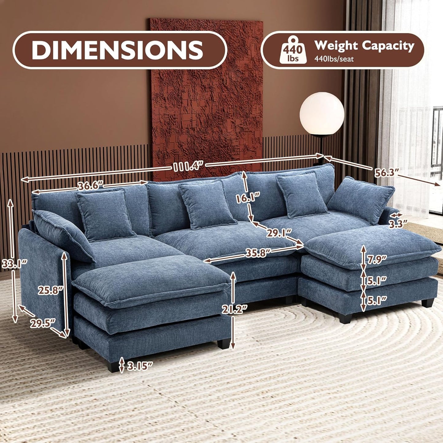 111.4 In. L-Shaped Modern Sofa Modular Cloud Sofa Ottoman 4-Seater Chenille Deep Seat Sofa