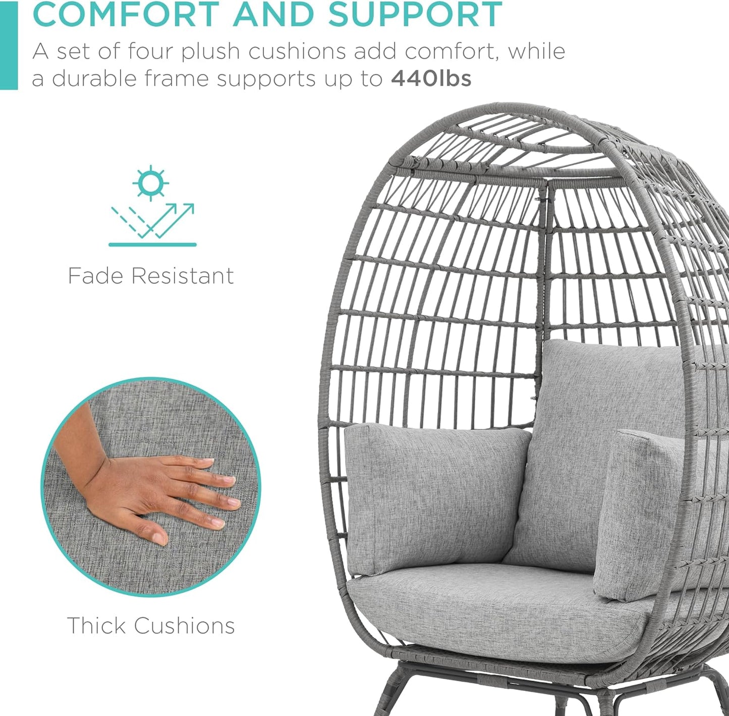 Best Choice Products Wicker Egg Chair Oversized Indoor Outdoor Lounger For Patio Backyard Living Room W/4 Cushions Steel Frame 440lb Capacity- Ivory