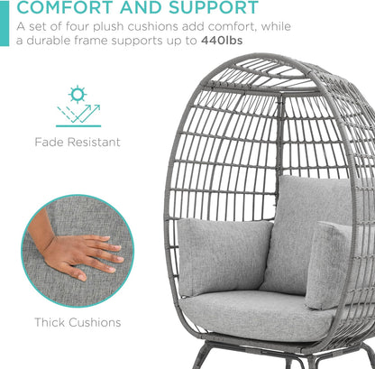 Best Choice Products Wicker Egg Chair Oversized Indoor Outdoor Lounger For Patio Backyard Living Room W/4 Cushions Steel Frame 440lb Capacity- Ivory