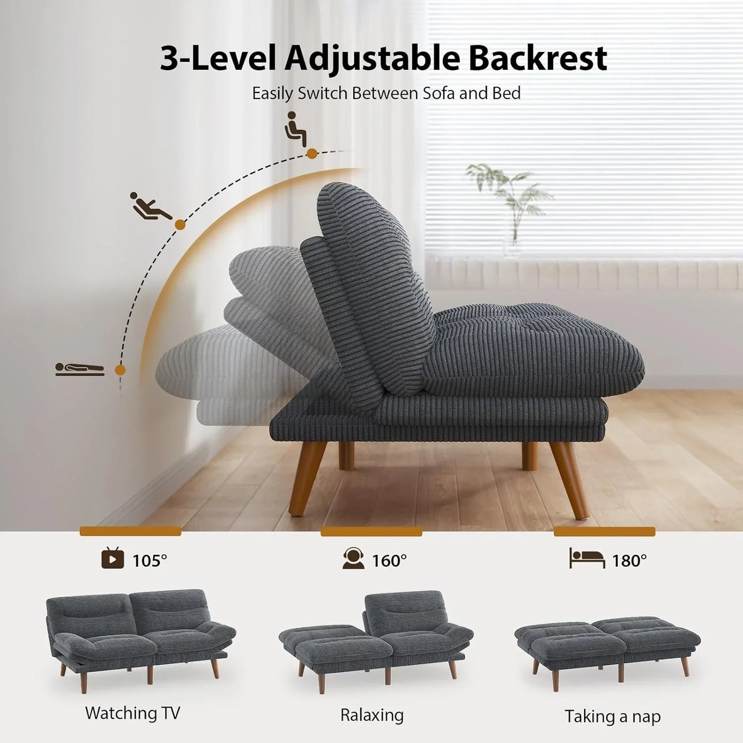 Pipishell Convertible Futon Sofa Bed, 66 In. Corduroy Futon Couch With Adjustable Backrest And Armrests, Recliner Sleeper Sofa For Small Spaces