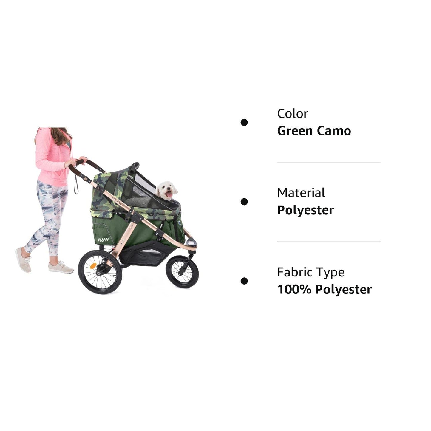 Jogging Sports Stroller With Comfort Rubber Wheels/Zipper-Less Entry/1-Hand Quick Fold/Aluminum Frame For Small/Medium Dogs Cats And Pets, Green Camo