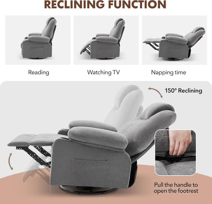 Oversized Swivel Rocker Recliner Chair With Heat And Massage, 360 Degree Swivel Rocking Single Sofa With Cup Holders And USB Port