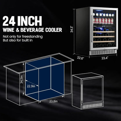 24 In. Dual Zone Beverage Refrigerator 30 Bottles 82 Cans Wine Fridge Built-In Or Freestanding