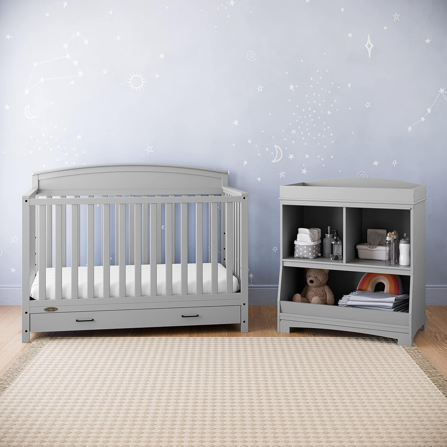 5-in-1 Convertible Baby Bed, With Drawers, White- Green Guardian Gold Certification, Built-In Baby Bed Storage Drawer, Convertible To Toddler Bed