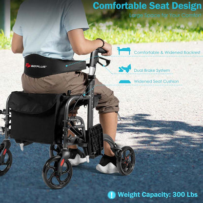 2-in-1 Rollator Walker Wheelchair Folding Medical Walker Aluminum Transport Chair Mobility Walking Aid- Comfortable And Ergonomic Design