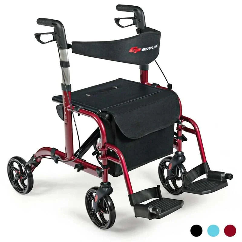 2-in-1 Rollator Walker Wheelchair Folding Medical Walker Aluminum Transport Chair Mobility Walking Aid- Comfortable And Ergonomic Design