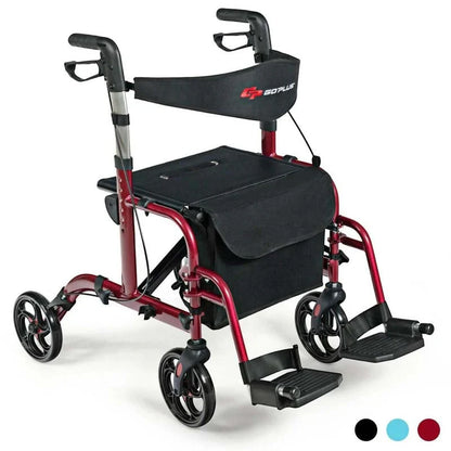 2-in-1 Rollator Walker Wheelchair Folding Medical Walker Aluminum Transport Chair Mobility Walking Aid- Comfortable And Ergonomic Design