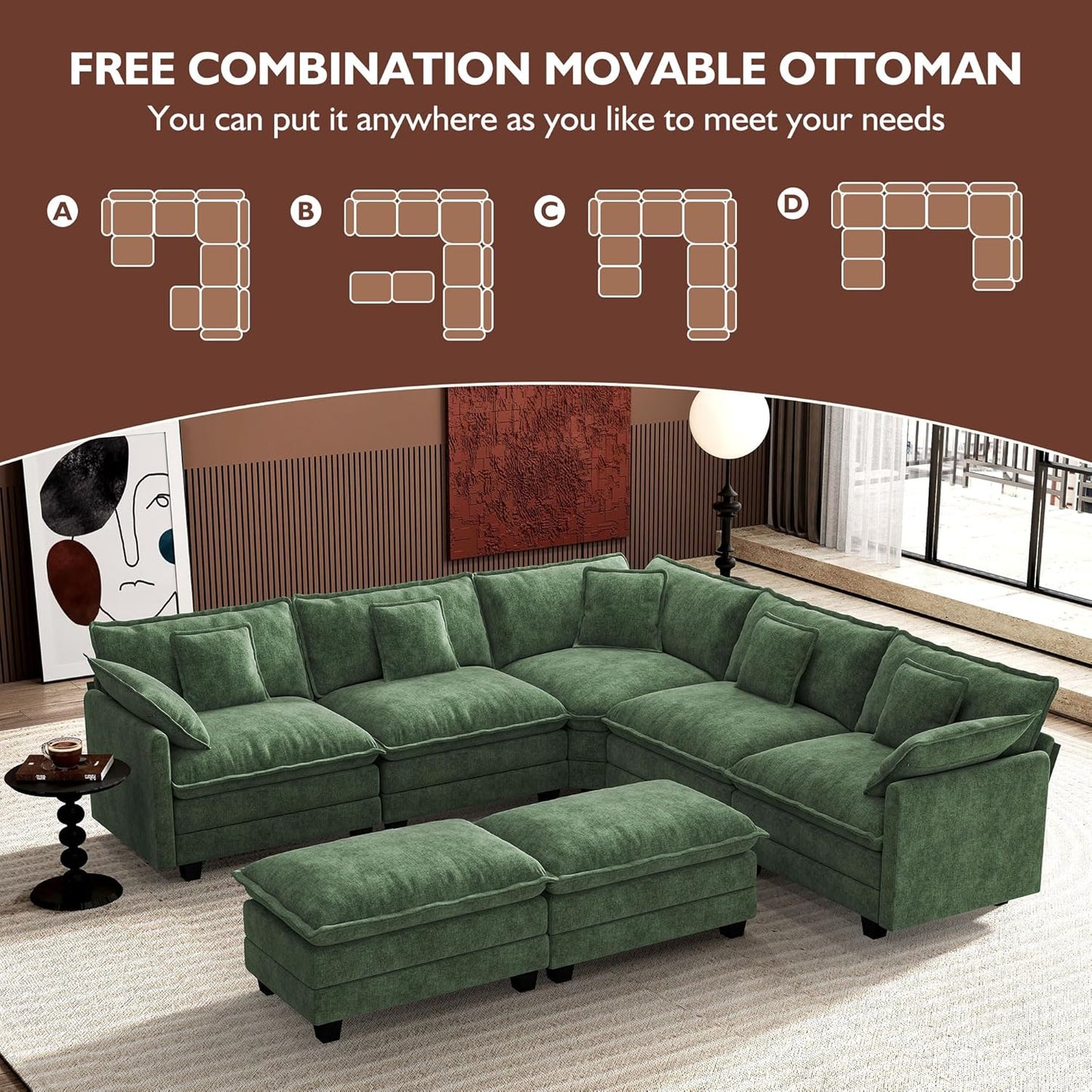 Ihanherry 146 In. U-Shaped Modern Sofa Modular Sectional Cloud Couch With 2 Ottoman
